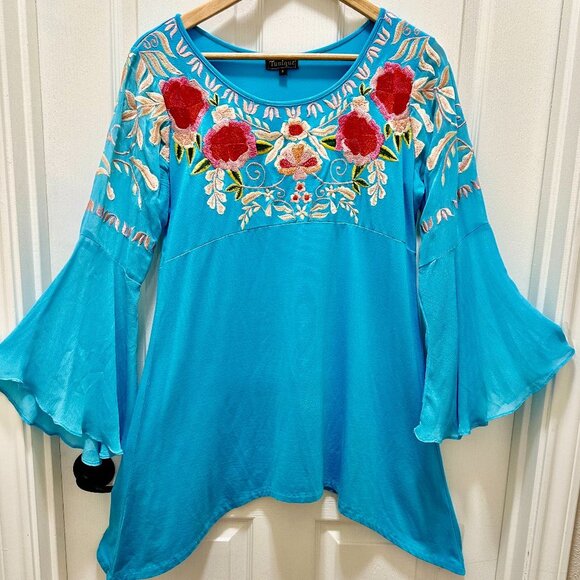 Tunique Embroidered Chiffon Tunic Top Women's Size S Blue Bell Sleeves Boho Chic - Picture 14 of 15